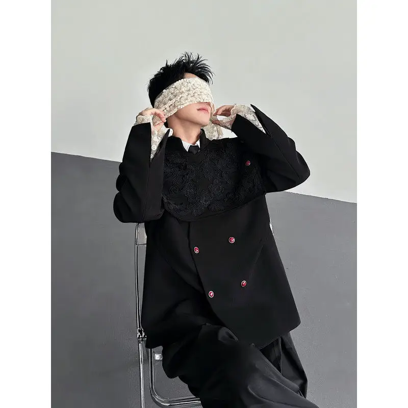 

Мужской костюм-пиджак в стиле ретро с вышивкой, кружевными вставками и дизайном пэчворк, модный городской стиль, длинный рукав, весна 2026