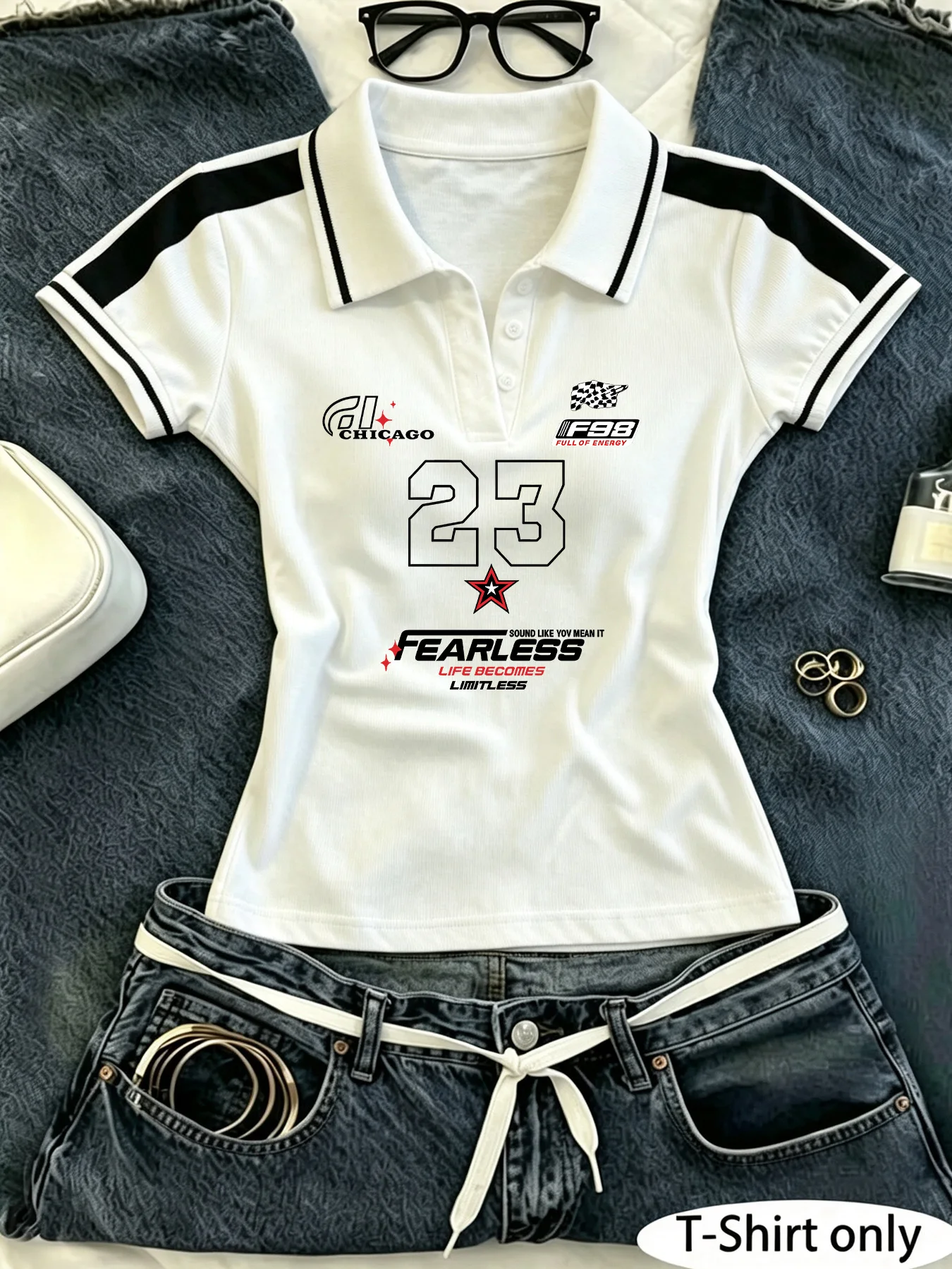 Women’s Y2K Cropped Polo Shirt, Chicago Racing Number 23 Star Graphic Contrast Stripe Short Sleeve, Slim Fit Retro Motor