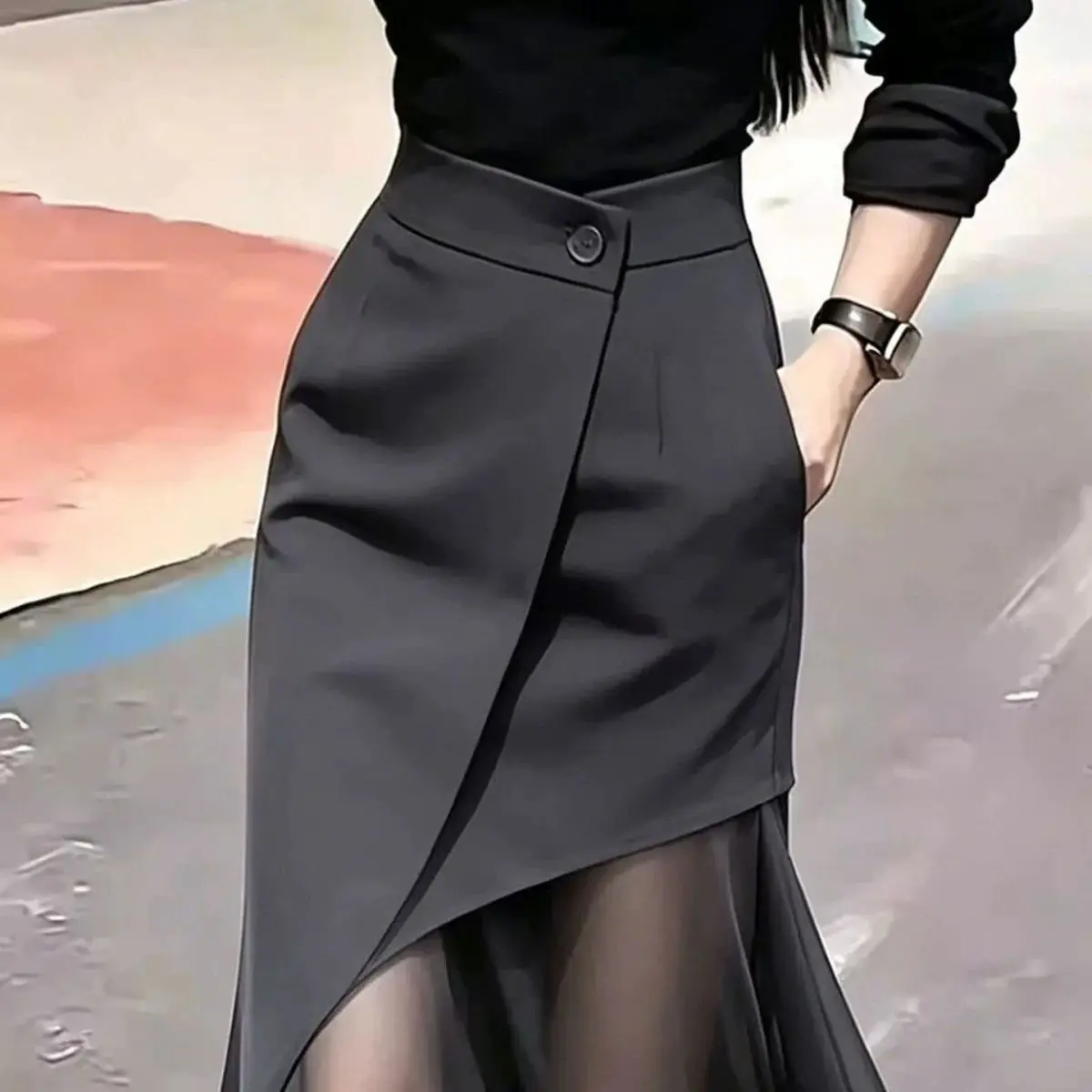 Gray Mesh Splicing Long Skirt Women New Fashion High Waist Irregular Medium and Long Skirt