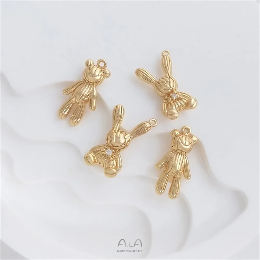 14K Gold Plating Three-dimensional cute cute little bear rabbit pendant handmade necklace bracelet pendant DIY hanging ornaments