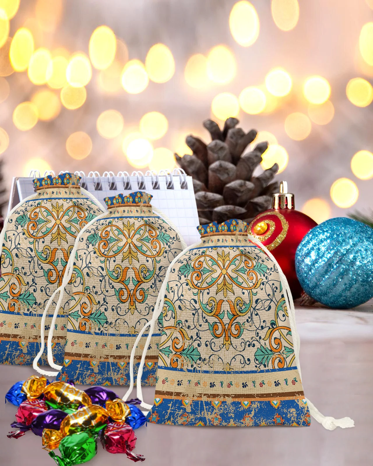 Tgürkiye-bolsas de dulces Retro con patrón persa, bolsa de regalo de Papá Noel, decoraciones para fiestas en el hogar, bolsas de regalo de lino para Navidad, suministros de embalaje