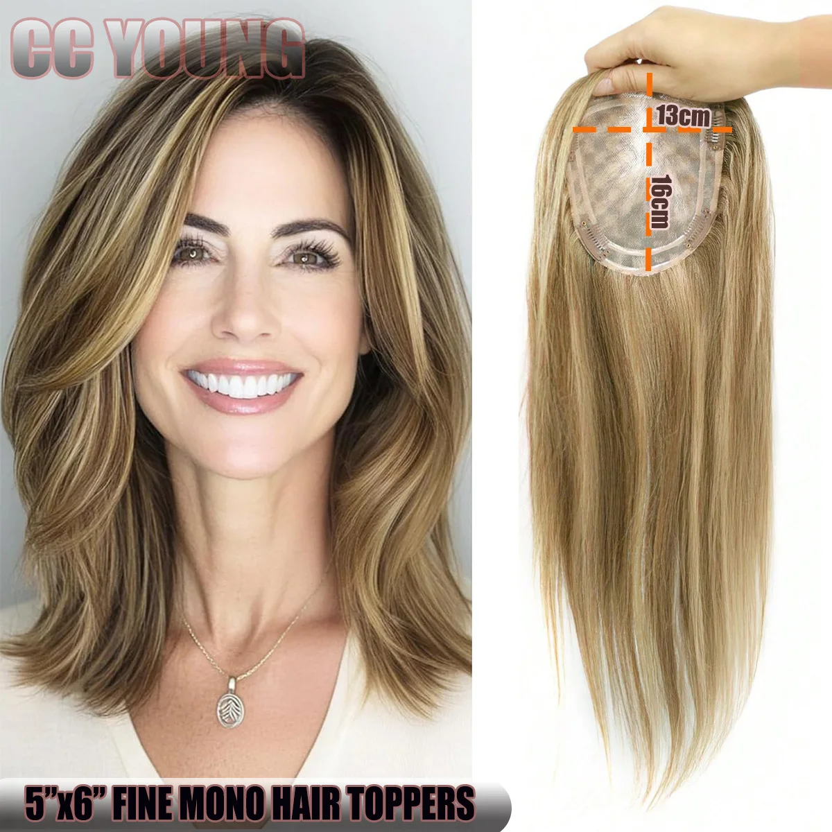 

Highlight Human Hair Toppers for Women 5"x 6" Breathable Fine Mono Base Clip in Hairpieces for Covering Grayish or Thinning Hair