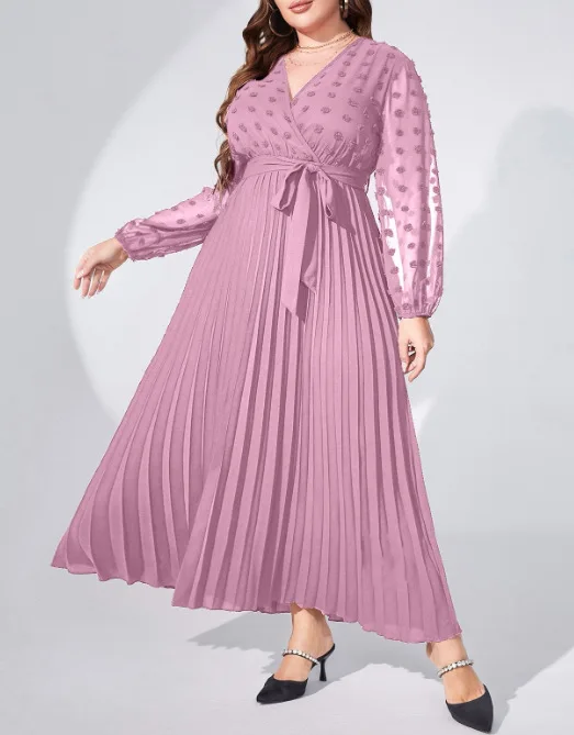 Casual Plus Size Dresses Fashion V-neck Pleated Women Elegant Dresses 2023 New Temperament Large Size Lady Solid Color Dresses