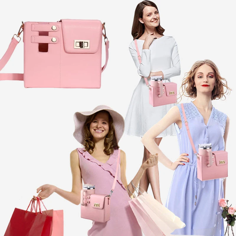 

Women Water Bottle Carrier Portable Bag Phone Pocket Case PU Leather Pouch Cups Handbag With Adjustable Shoulder Strap
