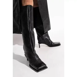 New Fashionable Square Head High Heels Women's Knee Length Boots with Side Zipper Stone Pattern Women's Mid Length Boots