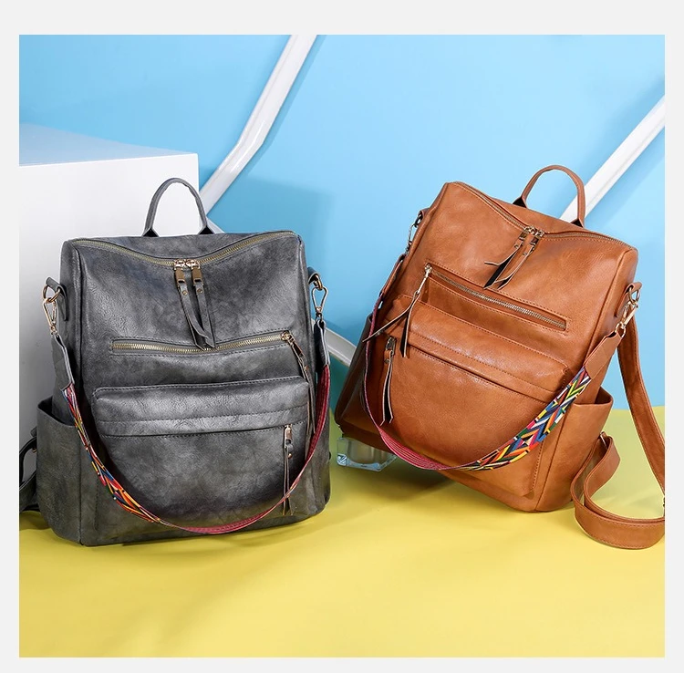 PU leather large-capacity double-shoulder women's bag, retro multi-pocket multi-purpose women's single-shoulder backpack