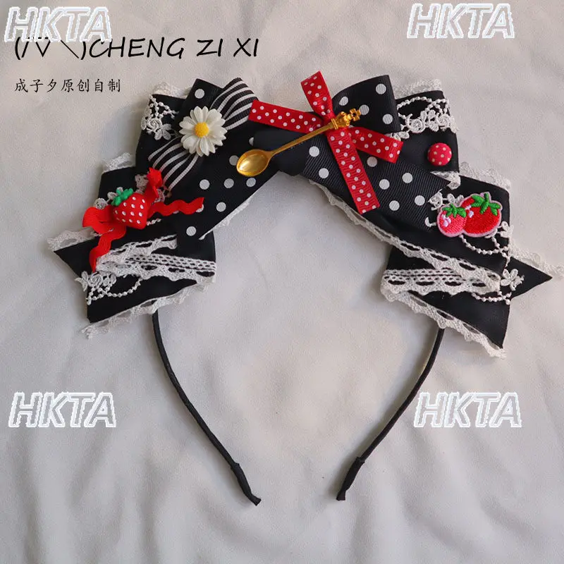 

Japanese Sweet Strawberry Handmade Lace Splicing Headband Lolita Small Object Kc Cute Bow Dots Black Hair Clip Headgear Women
