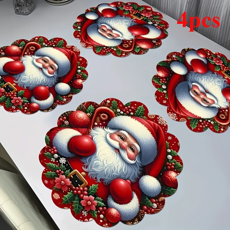 VIKAMA Round Christmas Placemats Set Vintage Xmas Floral Linen Mats Heat Resistant Washable for Thanksgiving Table Setting Decor
