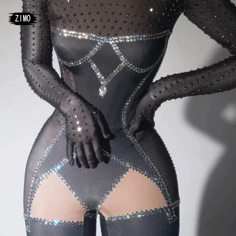 fashion sequin jumpsuit black sexy mesh see through Costume Birthday nightclub DS Singer Stage Wear performance festival outfit