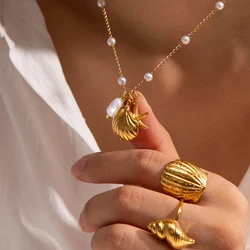 Vintage Starfish Shell Pearl Necklace For Women Gold Color Stainless Steel Pendant Shell Necklace Aesthetic Summer Jewelry Gift