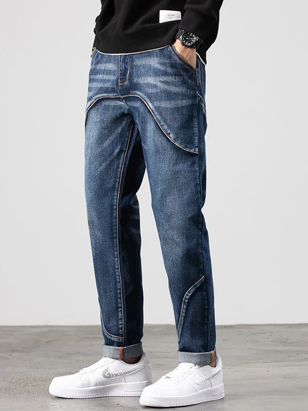 

Loose Straight Leg Men's Jeans Elastic Casual Blue Denim Pants mid Waist Zipper Fly Winter Collection Comfortable Fit M