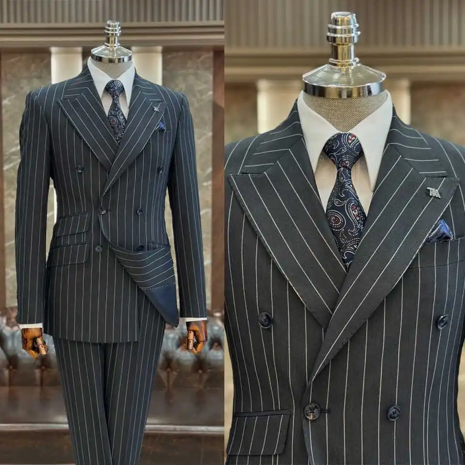 

Формальные мужские смокинги в полоску по индивидуальному заказу, двубортные деловые свадебные брюки для жениха, костюмы, модная одежда для показа, комплект из 2 предметов