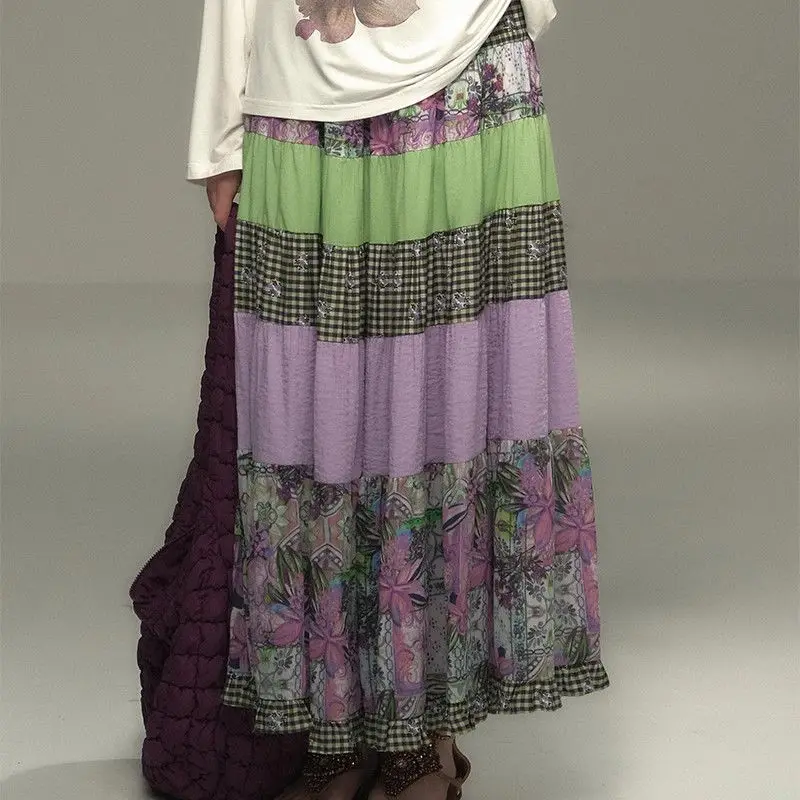 

Matakawa Vintage Print Women Skirts Floral Ruffles Spring Autumn Y2k Jupe Femme Fashion Japanese Style Elegant Sweet Long Skirt