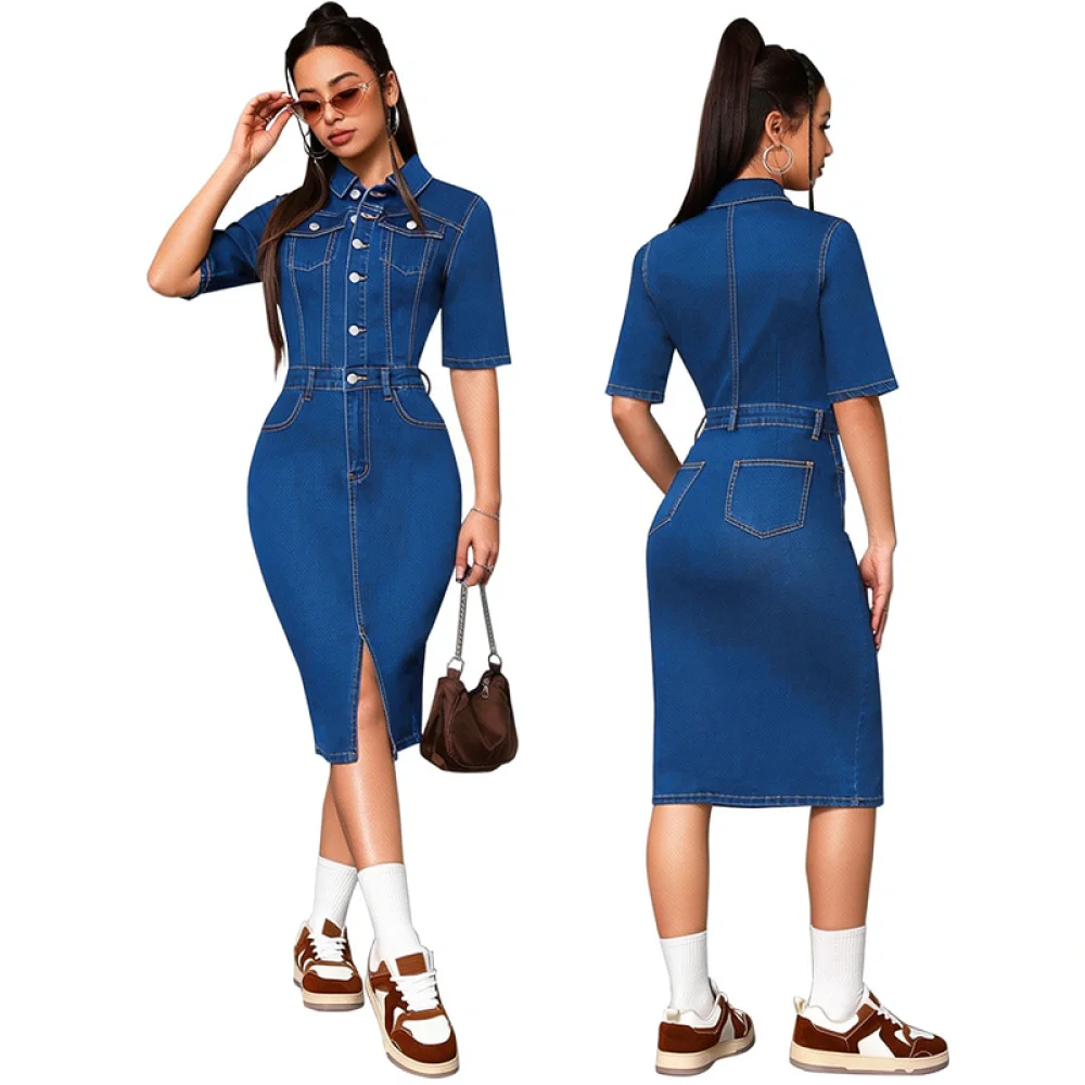 Plus Size Jean Dress Ladies Casual Short Sleeve Turn Down Collar Split Mid Length Slim Fit Washed Cotton Blue Clothing