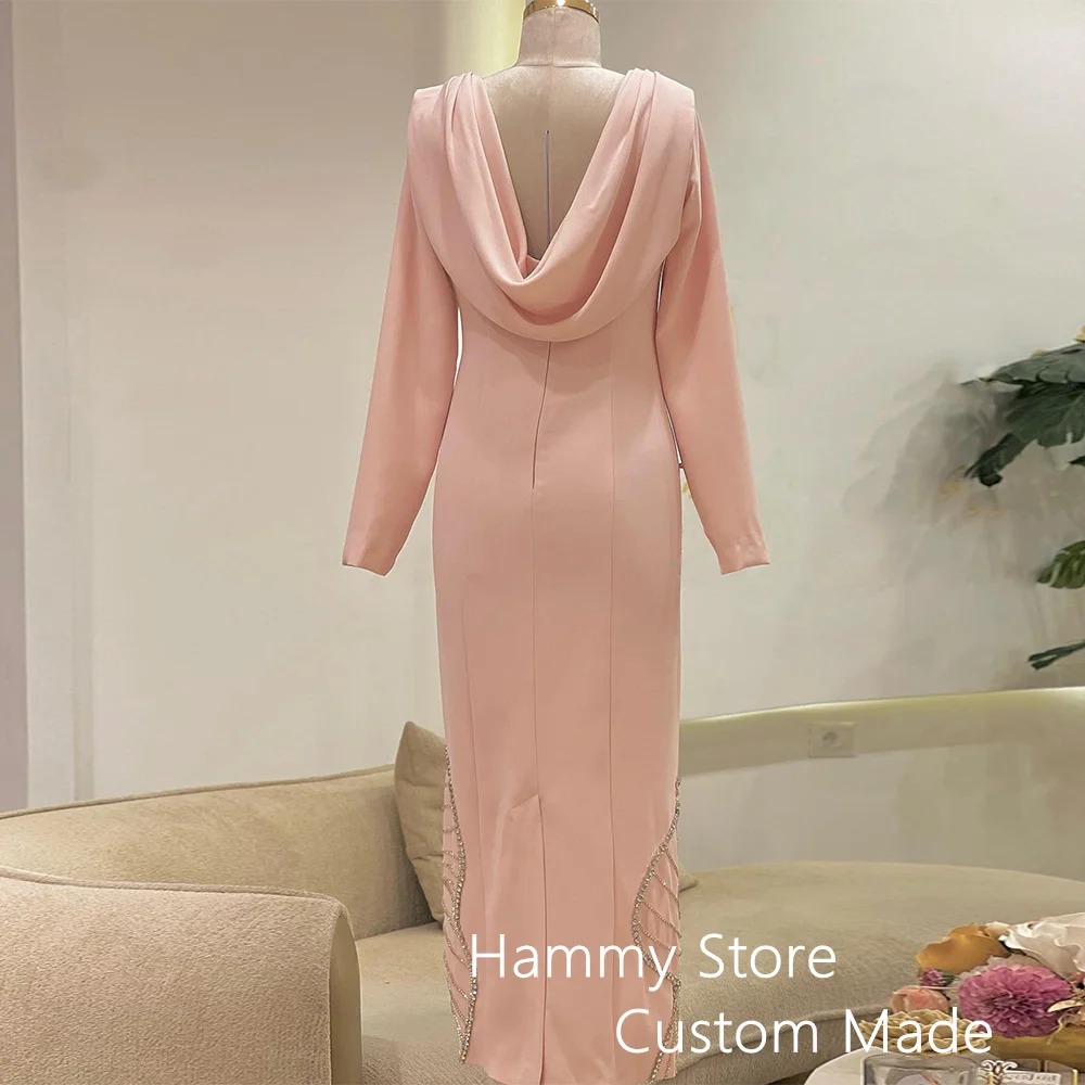 Pink Evening Dress Round Neck Customized Beading Stones Anke Length Back Zipper Straight Saudi Arab Prom Dresses Party Gown