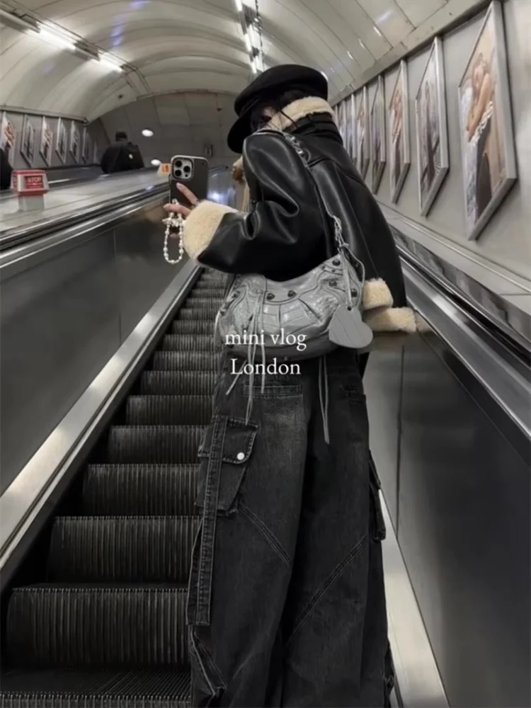 Women's Black Gothic Baggy Cargo Jeans Harajuku Oversize Denim