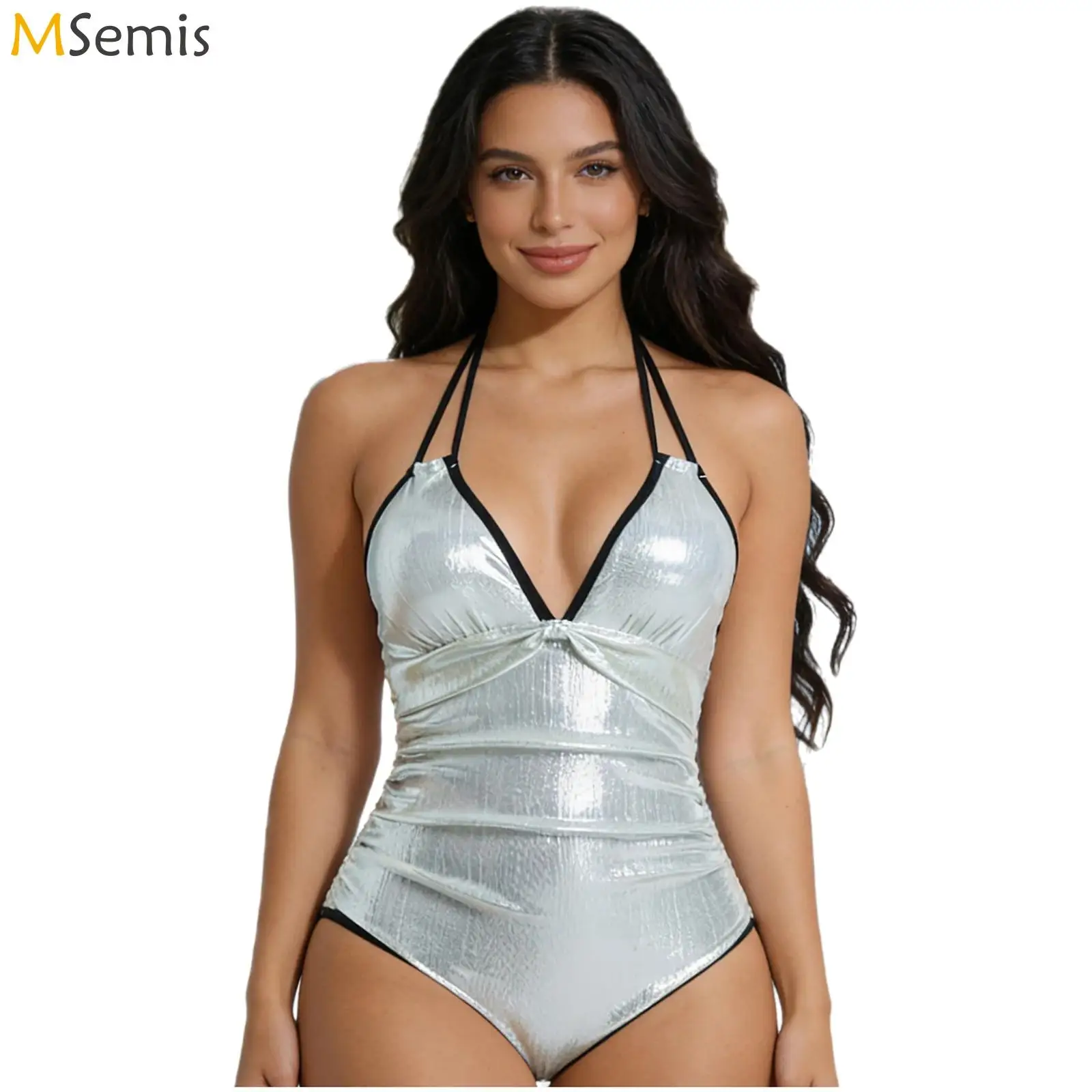 

Женский слитный купальник-боди с блестящим глянцевым эффектом, на завязках, с драпировкой, облегающий, для плавания