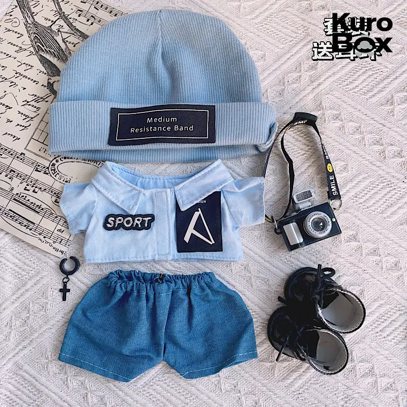 Medium Resistance Band 20cm Cotton Doll Clothes Blue Shirt Knit Hat Set With Mini Camera Crossbody Bag Fits Chubby Doll Body