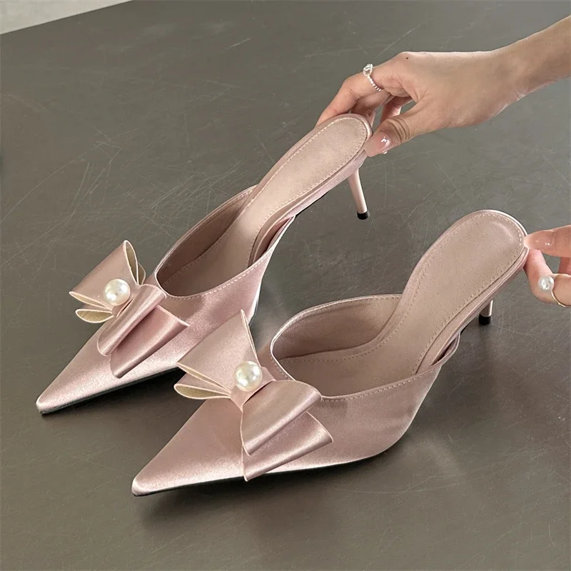 Eilyken Spring Sexy Butterfly-knot Women Slipper Pointed Toe Slip On Ladies Shoes Elegant Thin Heel Mules Dress Sandals