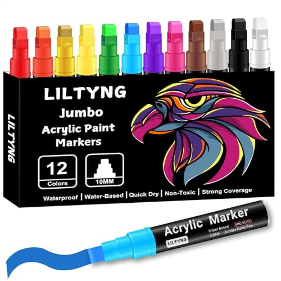 

12 Colors Jumbo Markers 10mm Jumbo Felt Tip Acrylic Paint Pens Markers for Rock Painting Poster Stone Ceramic Glass Wood Canvas