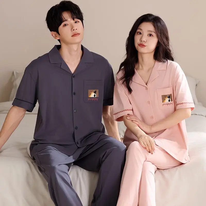 

Летние пижамные комплекты 2026 для пар: мужские и женские пижамы из 100% хлопка с коротким рукавом и длинными брюками, свободная домашняя одежда в корейском стиле