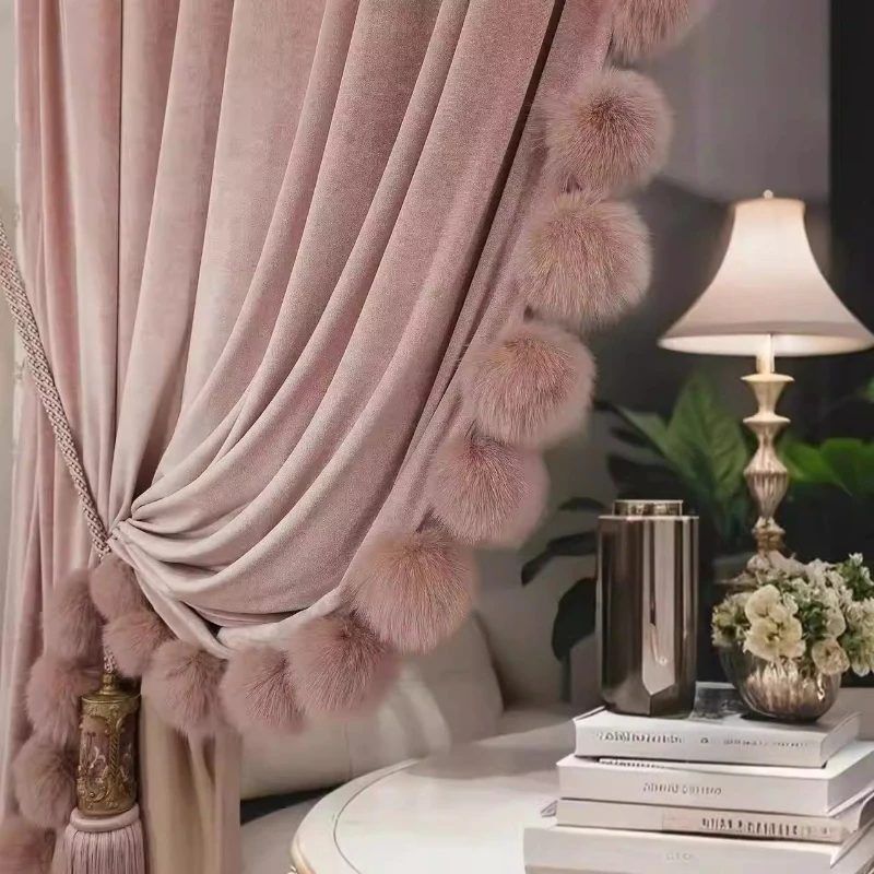 Custom Size French Light Luxury Pink Rococo Retro Elegant Curtains Princess Style Pom-pom Velvet High-end European Style Villa