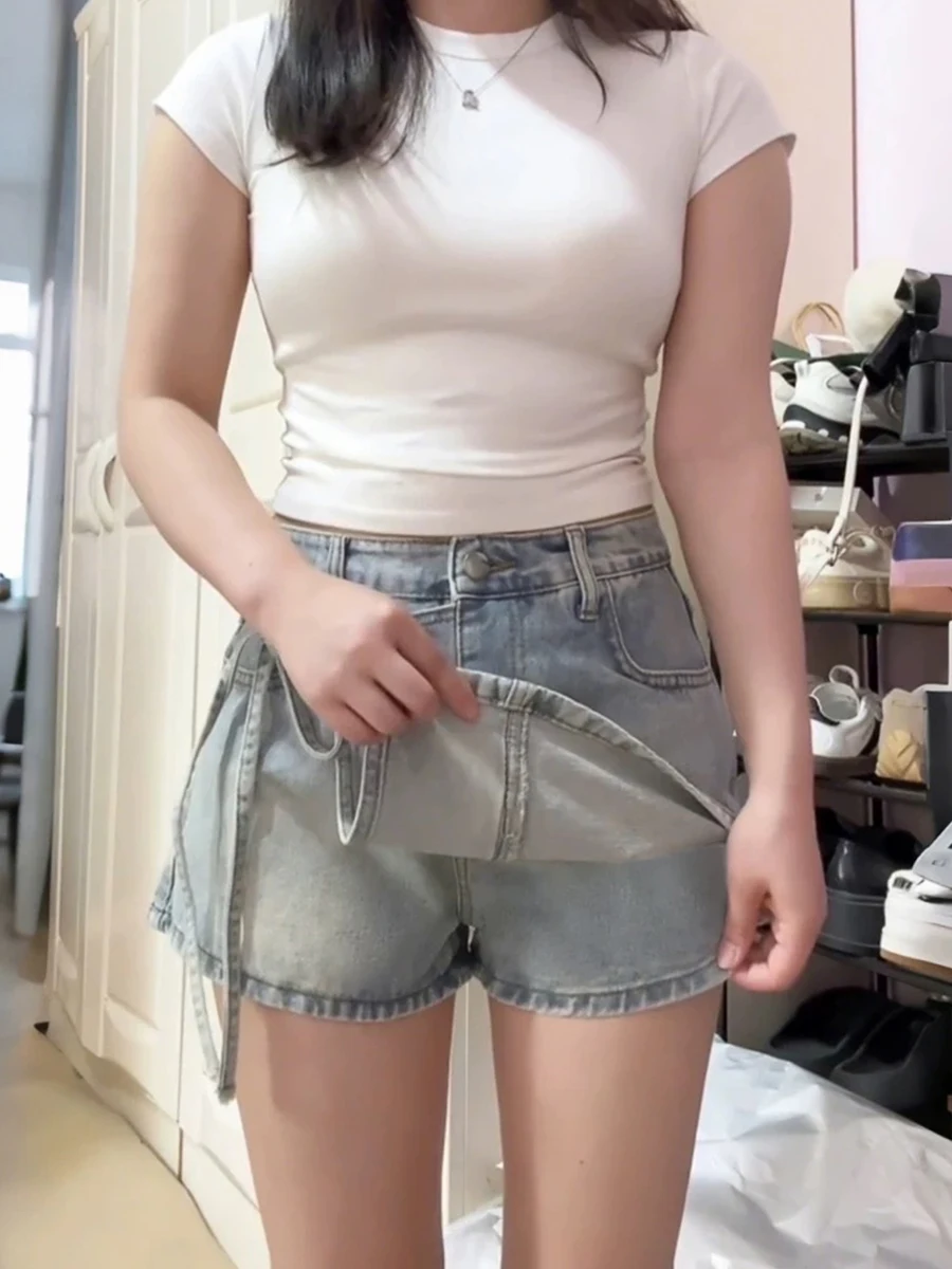 

High Waist Denim Skirt Women's Summer Anti-Light Flattering Slimming Butt Covering A-Line ort Skirt Pants