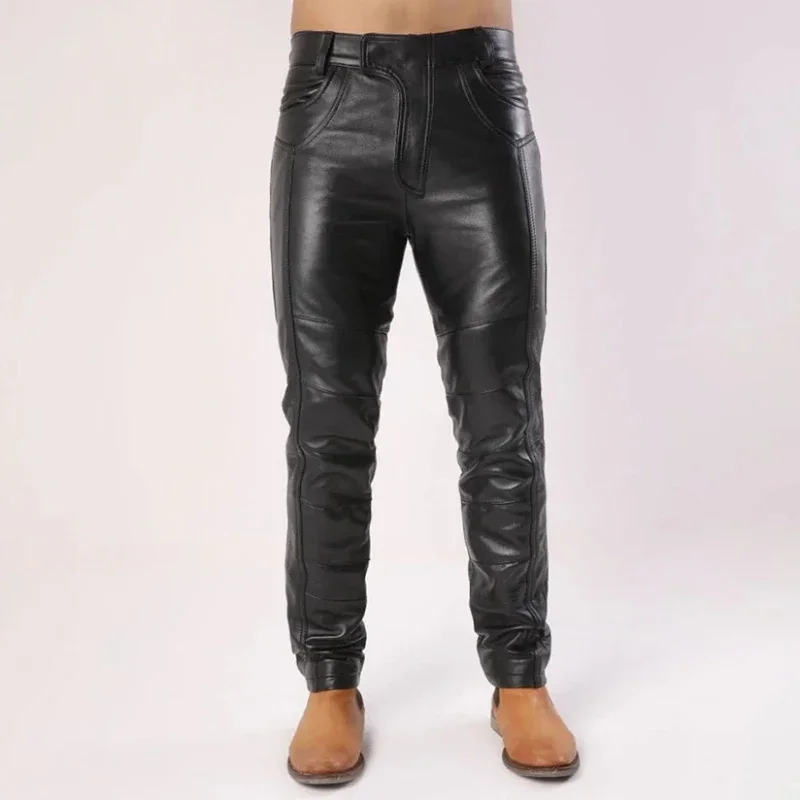 Men\'s Black Matte Faux Leather Splicing Pencil Pants Male Vintage PU Bodycon Trousers with Pockets Casual Entertainment Custom