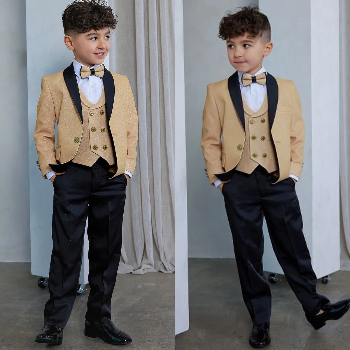 Champagn Child Boy Pants Suits Dinner Tuxedos Little Kids Costume Wedding Party Prom Birthday Wear 3 Pieces Jacket Black Pants