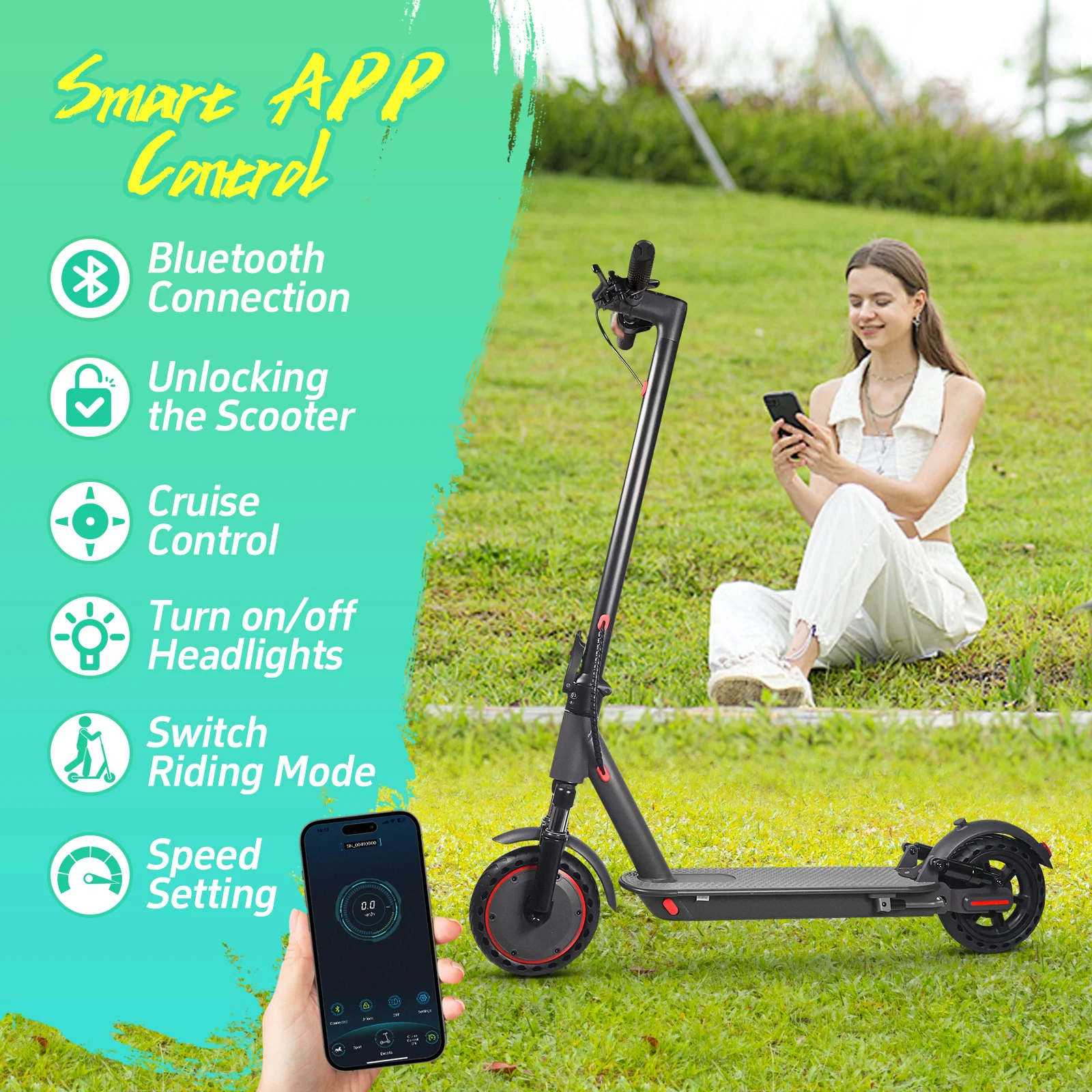 AOVOPRO HP07 Intelligenter Elektroroller 36V 10,5Ah 35KM Reichweite 8,5 Zoll Stoßdämpfung Blinker Doppelte Scheibenbremsen App-Steuerung E-Scooter – Detail 9