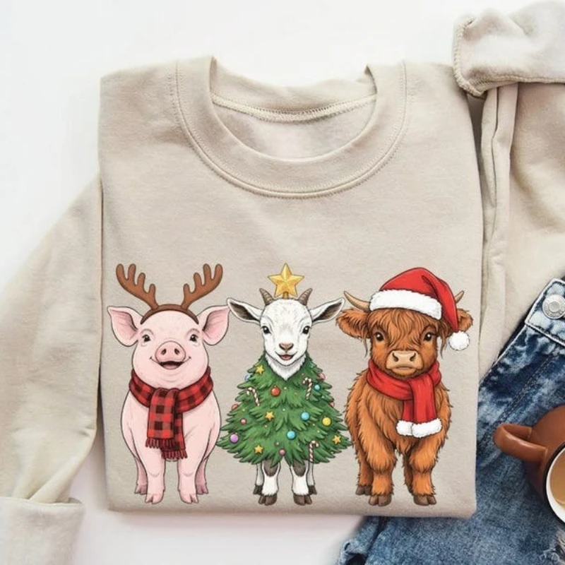 เสื้อสเวตเชิ้ตลายสัตว์เลี้ยงในฟาร์ม หมู แพะ วัวไฮแลนด์ คริสต์มาส ฤดูใบไม้ร่วงและฤดูหนาว ลายซานต้า ของขวัญสำหรับชาวนา ลายคริสต์มาส เสื้อฮู้ดเข้าชุด ของขวัญสไตล์ฟาร์มเฮาส์