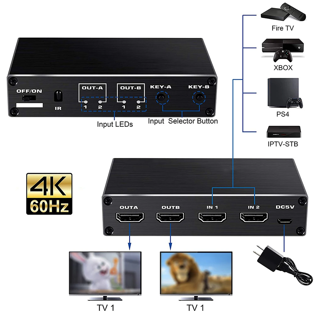 4K 60hz kompatybilny z HDMI przełącznik Splitter 2 wejście 2 wyjście wideo konwerter Audio Adapter do przełącznika dla PS4 PC Laptop projektor