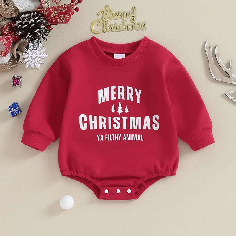 

Loose Baby Christmas Sweatshirt Romper Casual Bubble Long Sleeve Crew Neck Letters Print Bodysuit Clothes for Girls Boys