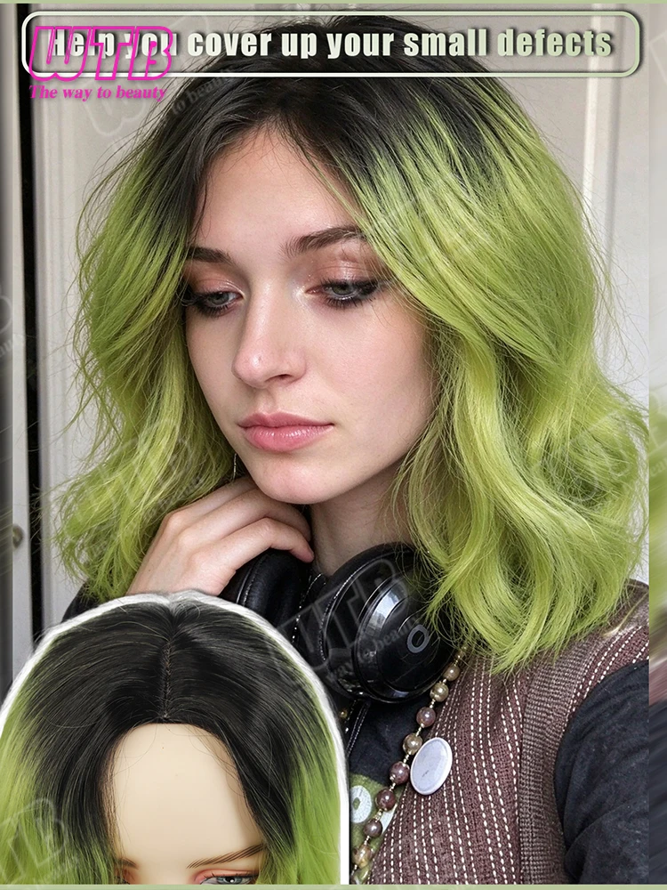 WTB Ombre Green Curly Synthetic Wig for Women Wavy Curly Wig Without Bangs Hair Perfect for Halloween Christmas Cosplay Parties