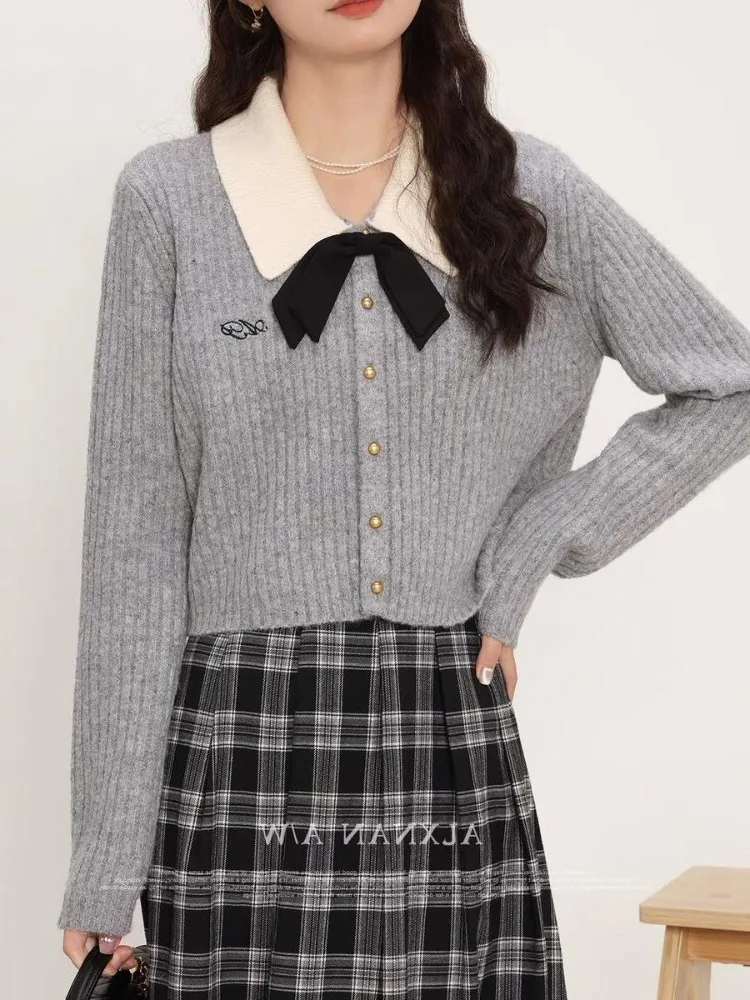 HOUZHOU Elegant Preppy Style Women Sweaters Sweet Coquette Korean Style Bow Knitted Cardigan Cropped Casual Old Money Knitwear