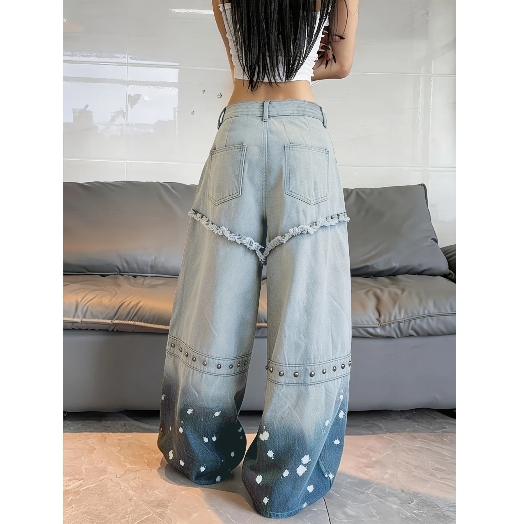Women's Jeans Womens Pants Casual Loose Fit Ripped Denim Wide Leg Pants With Patchwork Frayed Hem And Rivets Street Fashion