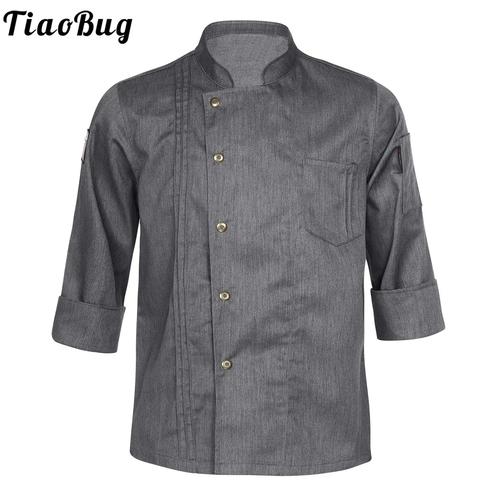 Mens Womens Stylish Chef Jacket Stand Collar Long Sleeve Cook Uniform with Pockets for Kitchen Restaurant Hotel Bakery Canteen