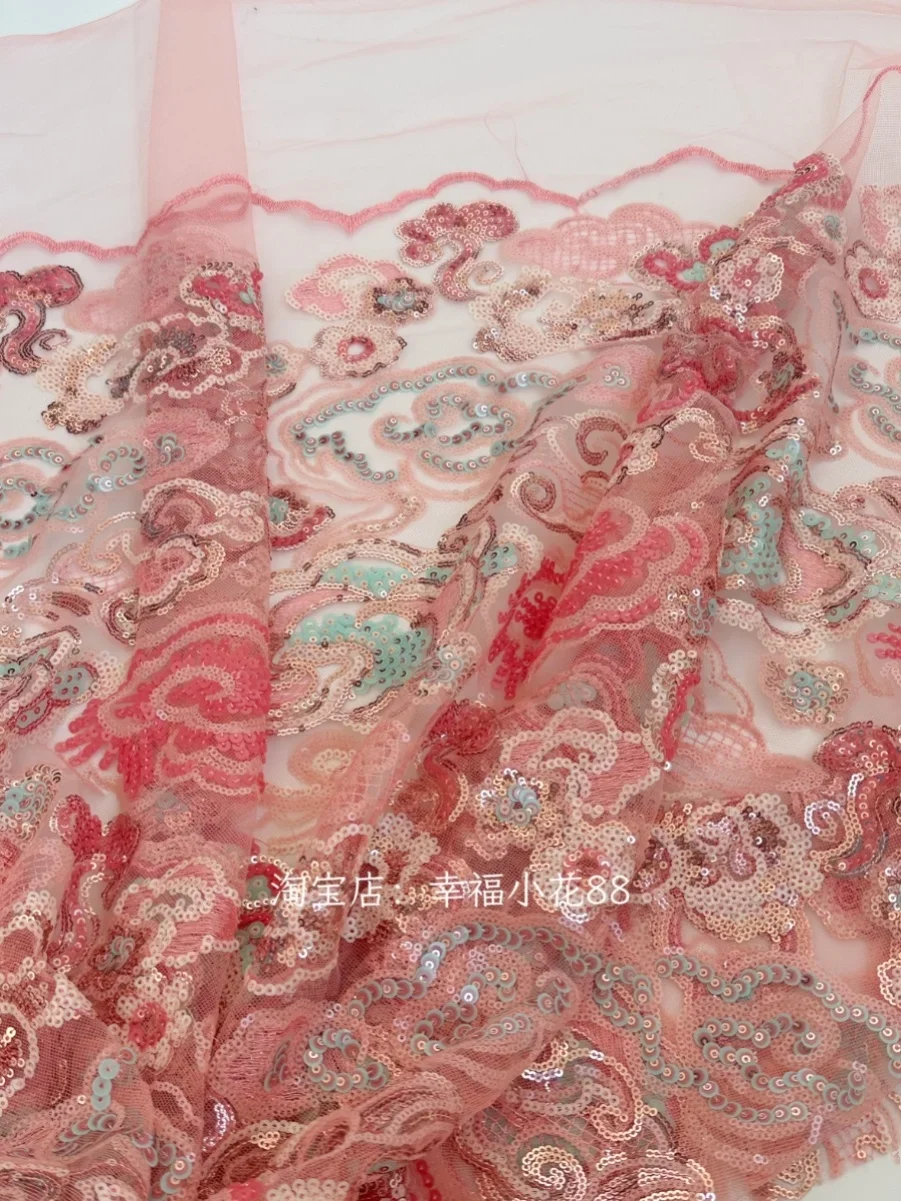 Exquisite Chinese-style multi-layered bright sequin embroidery mesh lace fabric for cheongsam evening dress