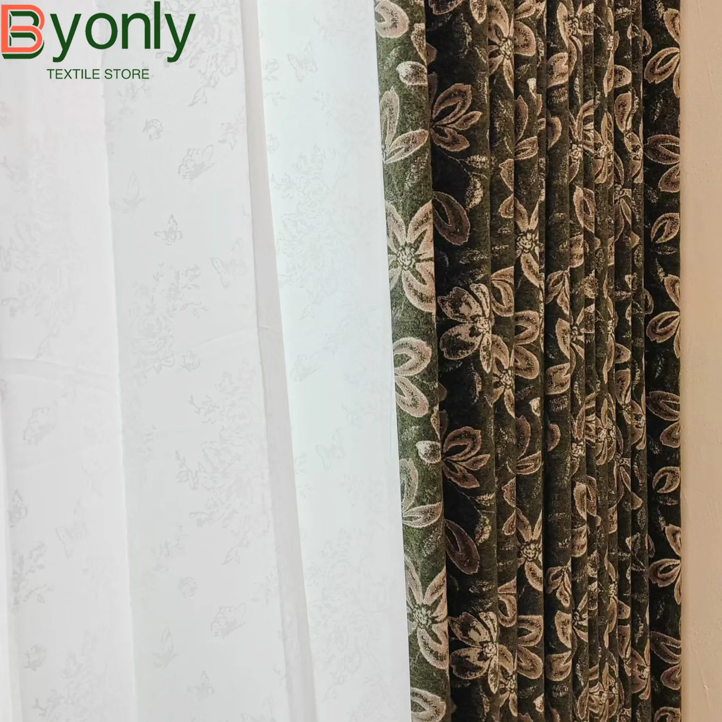 Vintage Dark Green Jacquard Thickened Blackout Curtains for Living Room Bedroom French Window Customized Finished Balcony