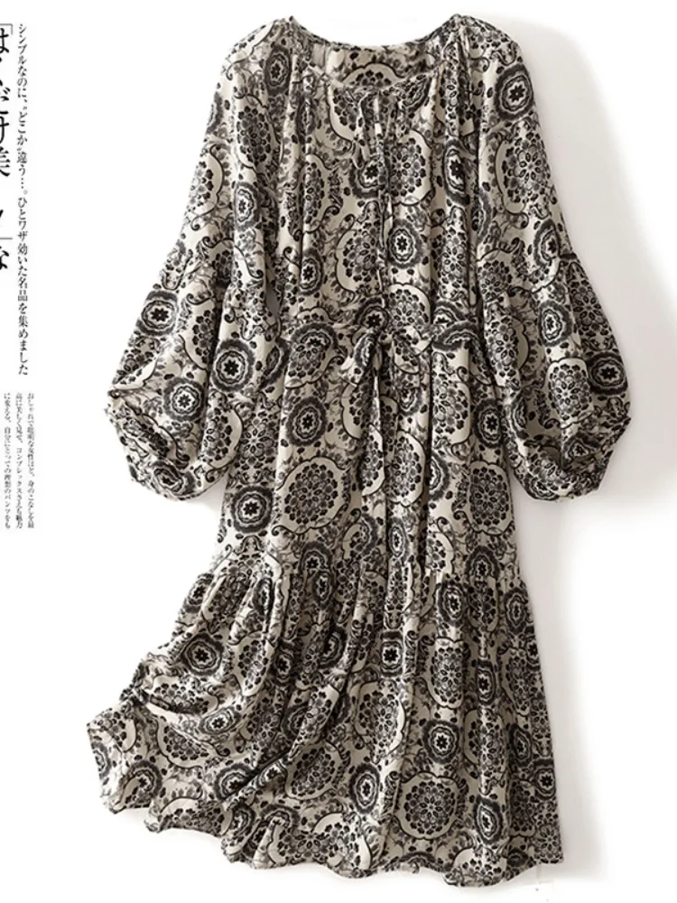 

Loose Large Size Women's round Ne Pullover Dr Korean Sle Slimming Summer Cotton Gown with Lantern Sve And Flounce Hem