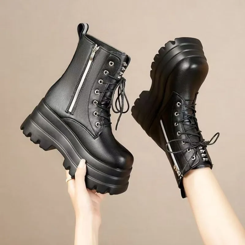 

Women's Chunky Boots Fashion Mid-calf Boots 9CM Height Increasing Platform Boots for Women Casual Leather Boot Gothic Punk Botas