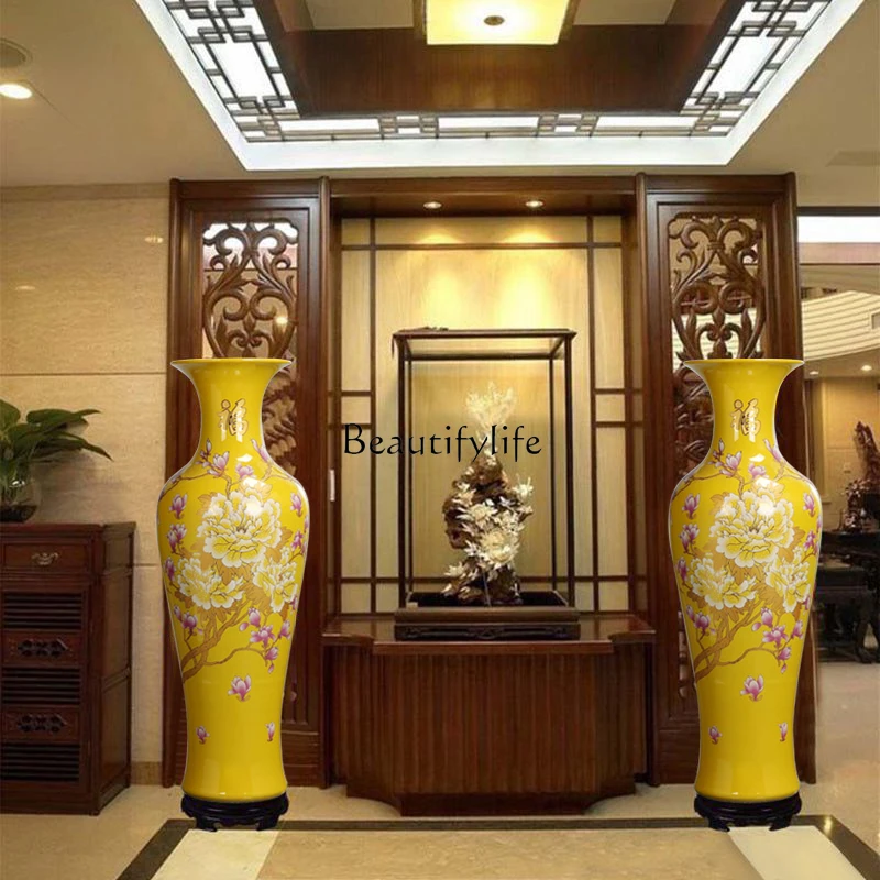 Large Ceramic Living Room Floor Vase Yellow Glaze Peony Flowers Blooming Rich Home Decorative Flower Vase