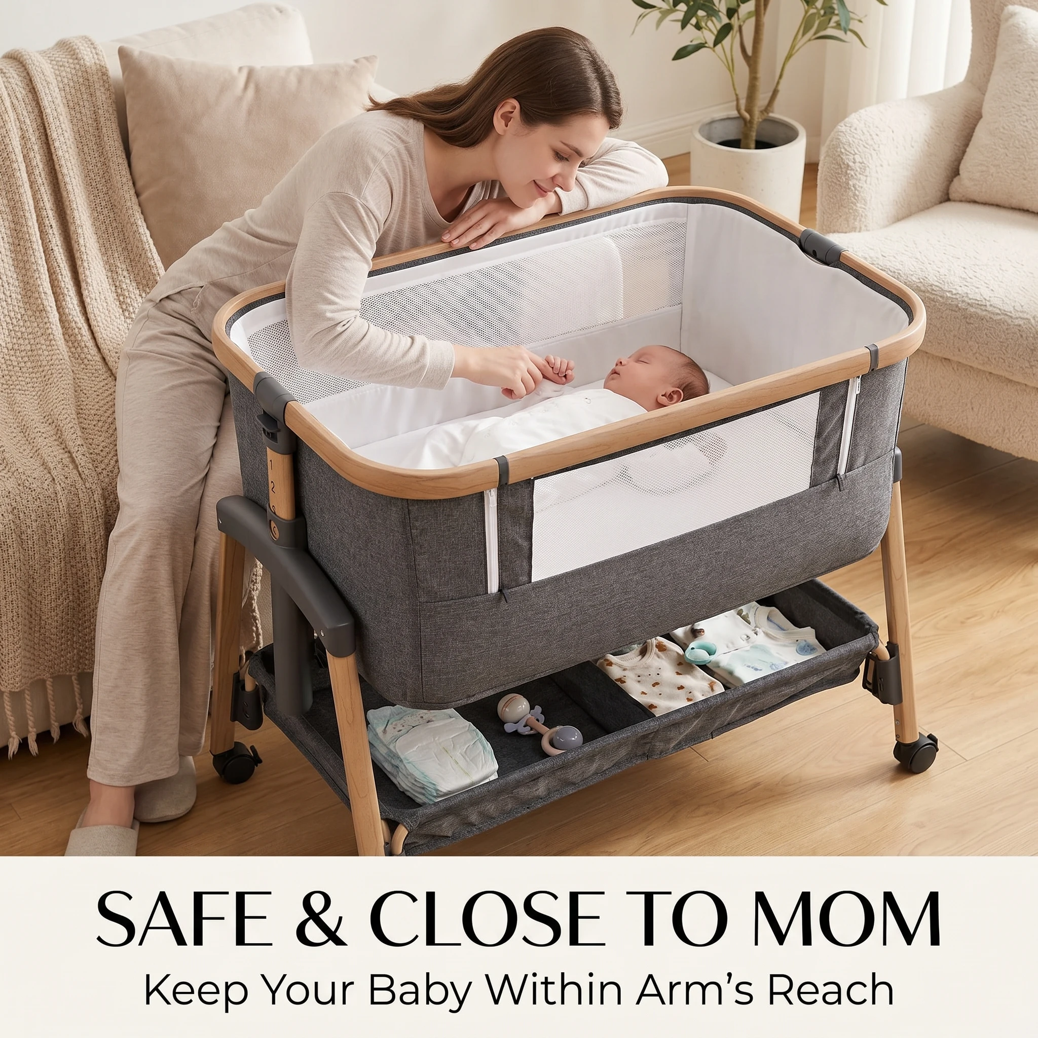 Babyfond Multifunctional Foldable Portable Baby Crib, Movable Splicing Bedside Crib, Adjustable Height Infant Bassinet Cradle