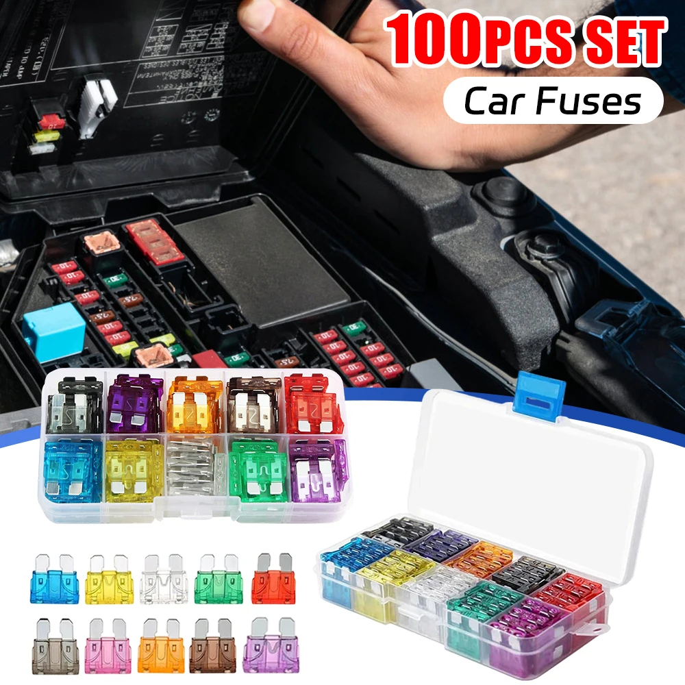 100Pcs Car Fuses 2A 3A 5A 7.5A 10A 10 Types Car  Assortment 15A 20A 25A 30A 35A Blade Type  Assorted Kit
