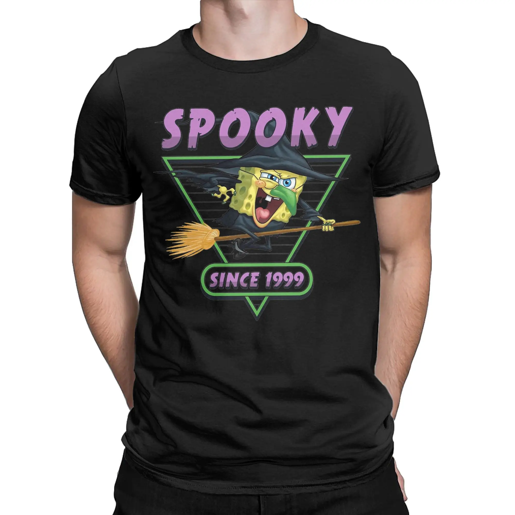 Spongebobed Halloween Spooky Since 1999 WitchBob T-Shirt Men's Cotton Tops Shirts Retro  Round Neck Short Sleeve