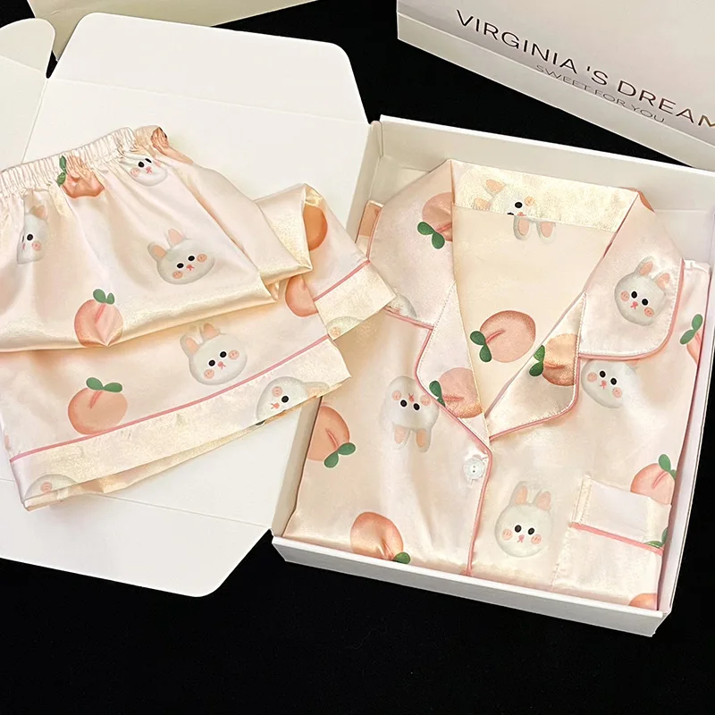 The New INS Ice Silk Pajamas Women's Summer Suit Short-sleeved Shorts Casual Women's Loungewear Cute Rabbits Printing Lovely Pjs