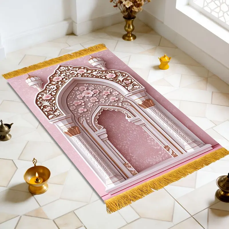 VIKAMA Pink 3D Flower Arch Prayer Mat, Flowing Tassel Muslim Praying Mat, Anti-Slip Foldable Pilgrimage Janamaz, Gift Decor