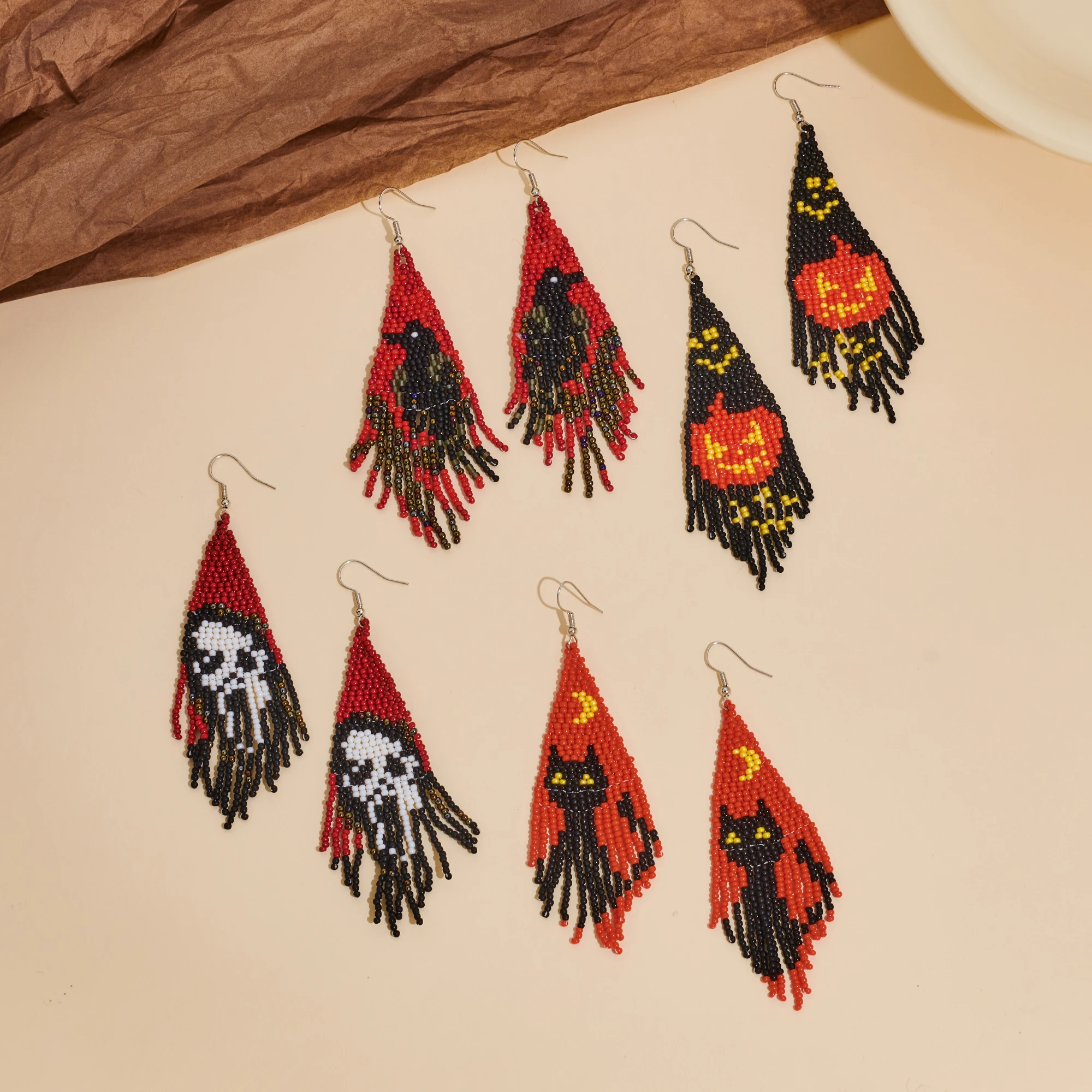 Halloween tassel earrings, Bohemian Black Cat, Crow, Pumpkin Tassel Earrings