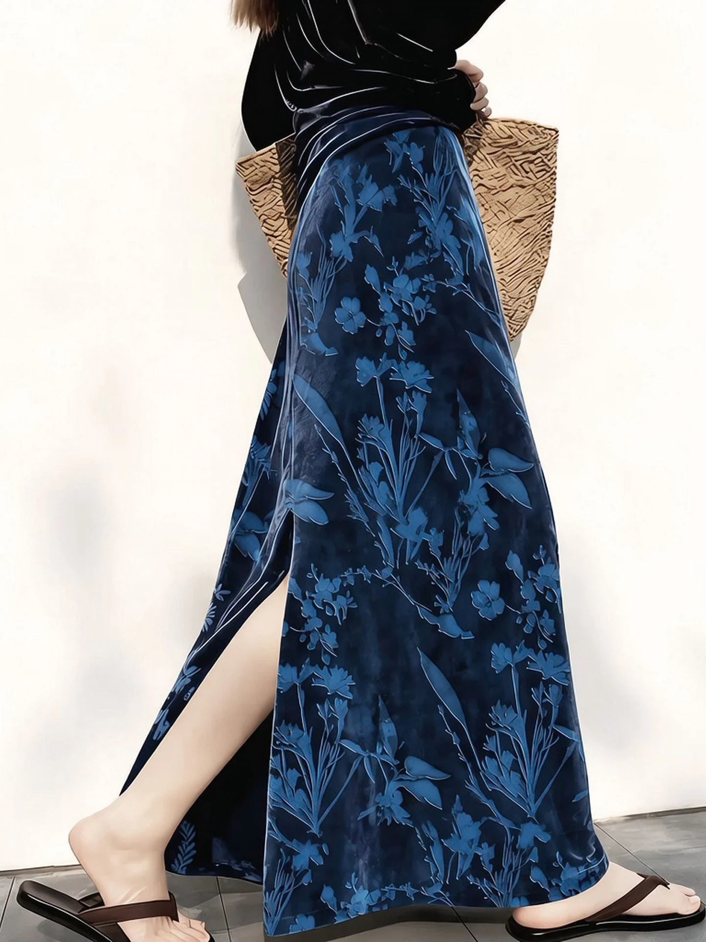 Slimming Blue Velvet Asymmetrical Hemline High Waist A-Line Skirt Casual Versatile Women's Fashion Spring Autumn Long Skirt