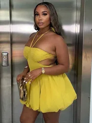 Hang Neck V Backless Dress Women Summer A Line High Waisted Dress Night Party Sexy Soft Yellow Dress Wholesale Dropshipping